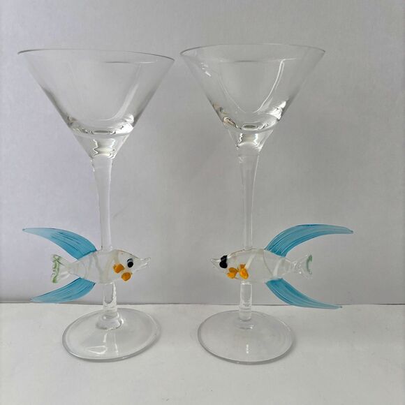 Murano Martini Fish Stem Martini Glasses Set 4 Tropical Barware Island Cocktail - Picture 5 of 8